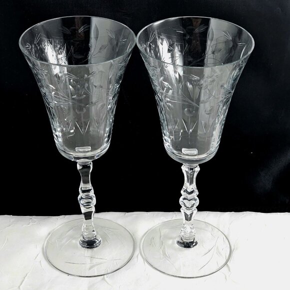 2 Seneca Elegant Optic Cut Floral Vines Wine Goblets 8" vintage stem leaves - Picture 4 of 14